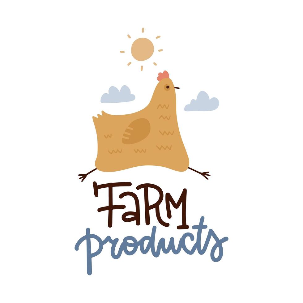 hand drawn Logo of farm products. A cheerful chicken runs outdoors. Funny hen walking under sun and clouds. Vector illustration in flat style on white background with lettering text.