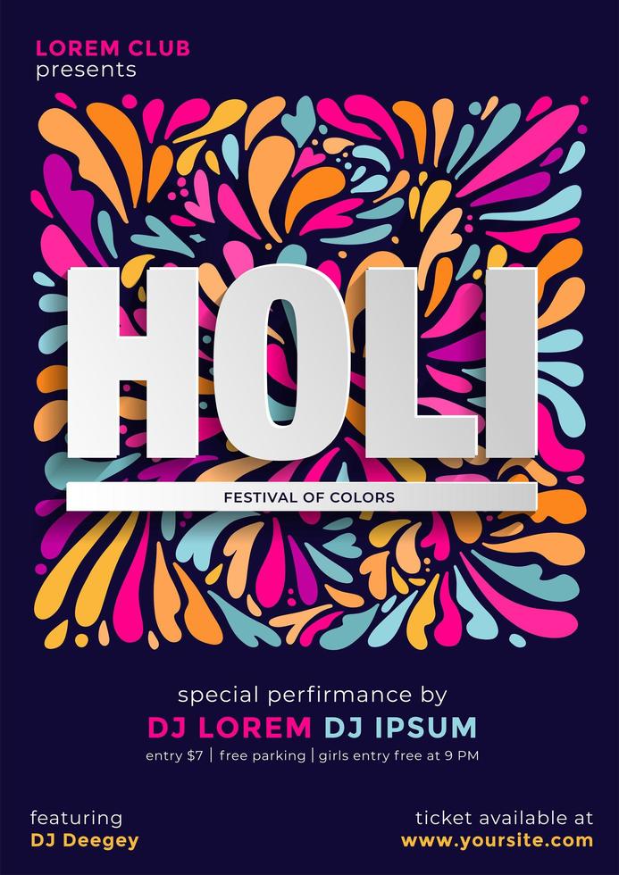 Indian festival of color holi party poster template or flyer design with time and venue details. Hand drawn flat vector pattern with lettering.