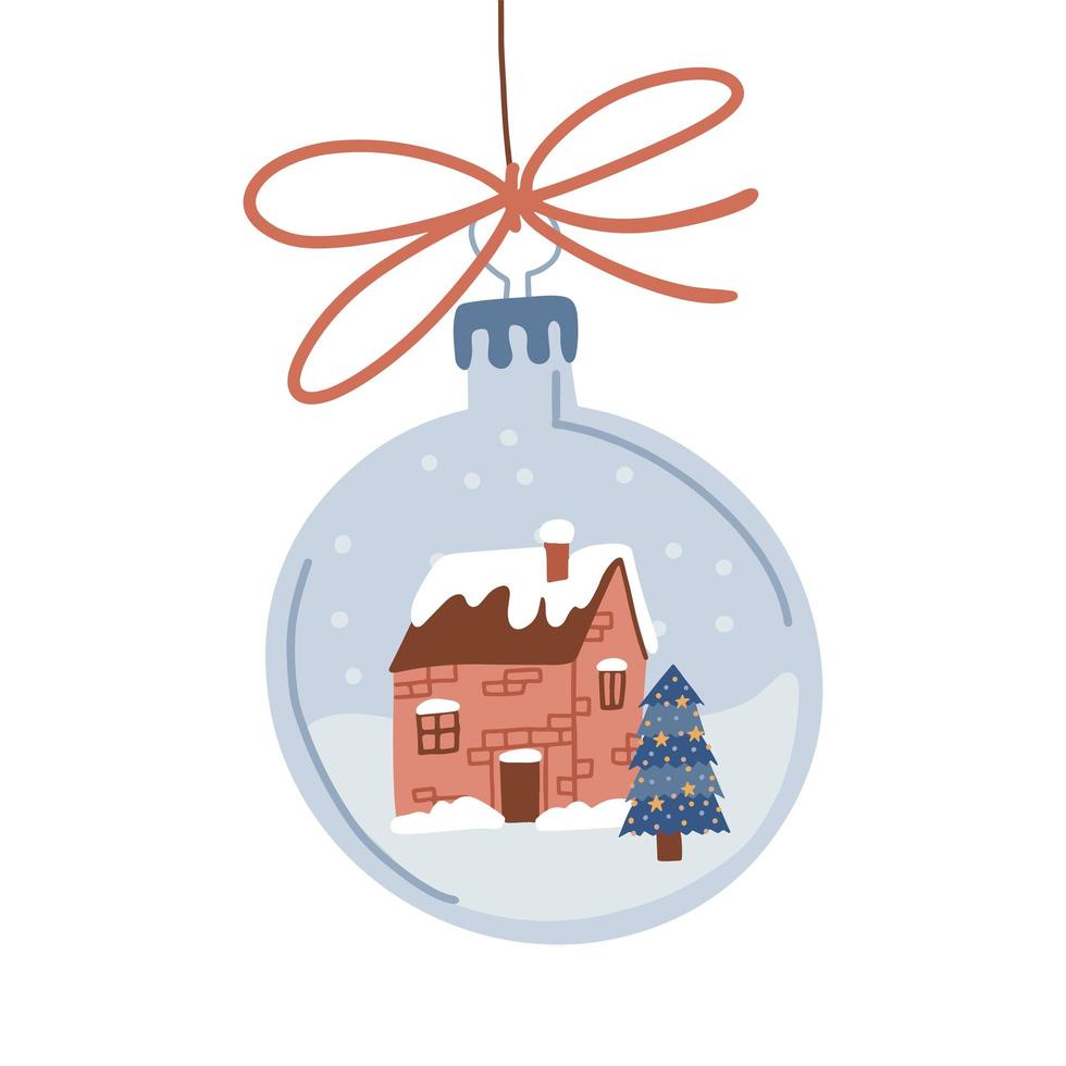 Bola de globo de nieve de cristal con casa roja y árbol de Navidad aislado sobre fondo blanco. adorno festivo colgando. elemento de diseño de ilustración gráfica de vector de tiempo de feliz navidad dibujado a mano.