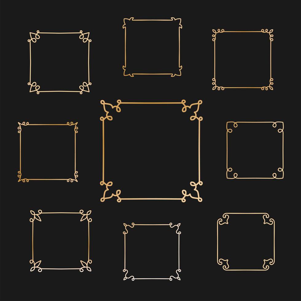 nueve marcos cuadrados simples con algún adorno como la colección de bordes. conjunto de marcos de contorno dorado sobre fondo negro para decorar diseño, tarjeta, invitación, etc. elementos lineales vectoriales vector