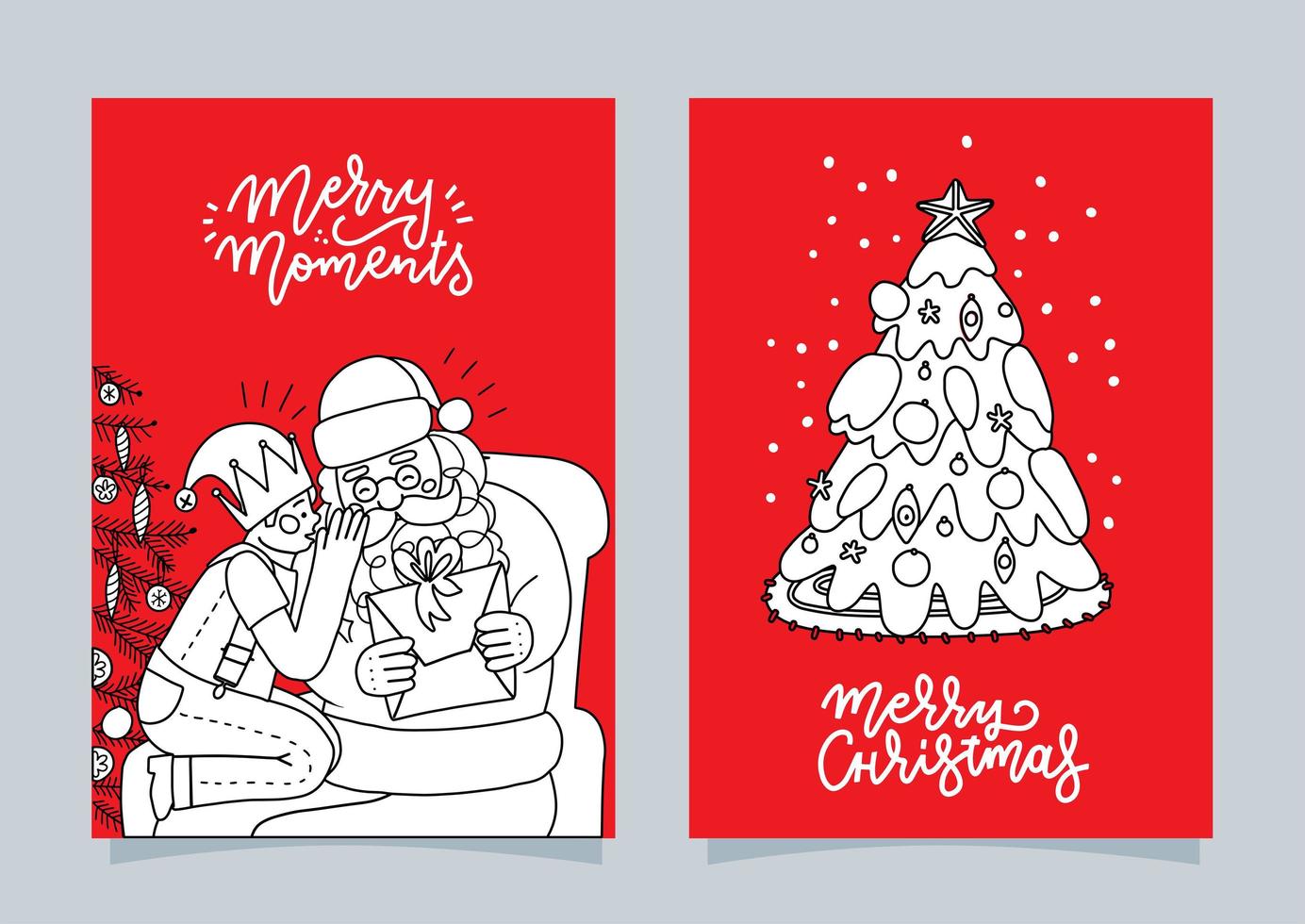 conjunto de tarjetas de felicitación dibujadas a mano. gran impresión para invitaciones, carteles, etiquetas. postales de feliz navidad. pancartas festivas en estilo garabato sobre fondo rojo. ilustración vectorial lineal. vector