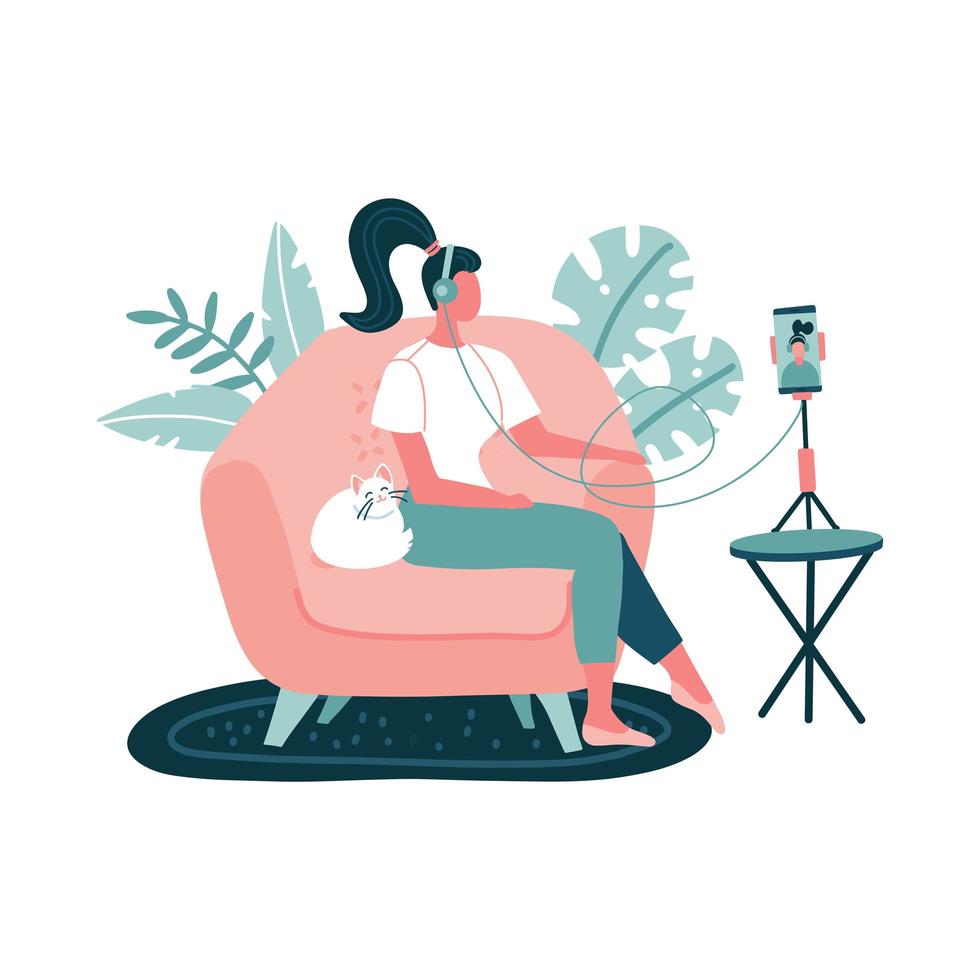 mujer joven en podcasts de grabación de auriculares, capacitación en línea, música usando un teléfono inteligente en un trípode. niña sentada en un sillón con gato en casa sobre fondo blanco. ilustración dibujada a mano plana vectorial. vector