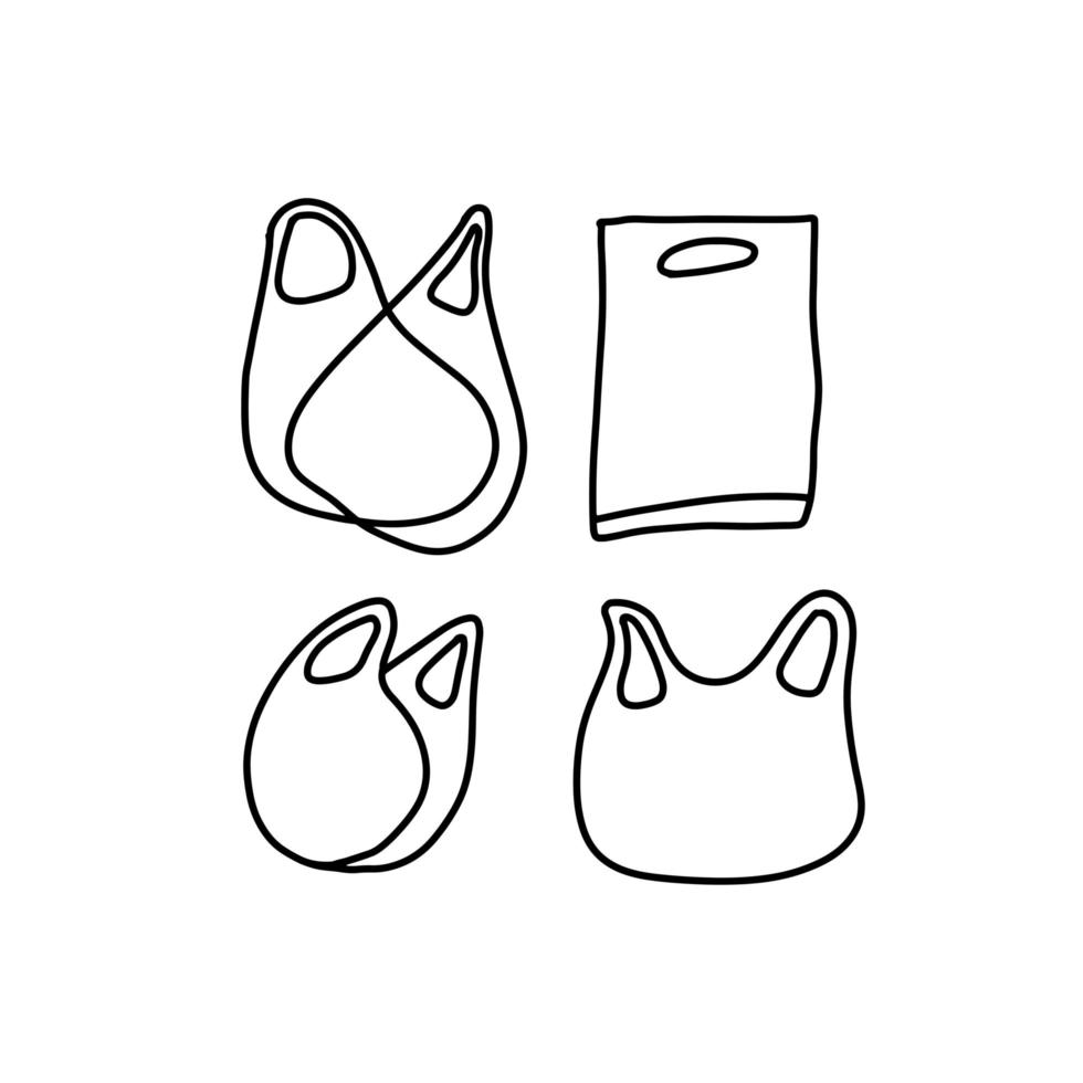 conjunto vectorial de iconos de bolsas de compras de garabatos negros. bolsas de plástico en estilo delineado. vector