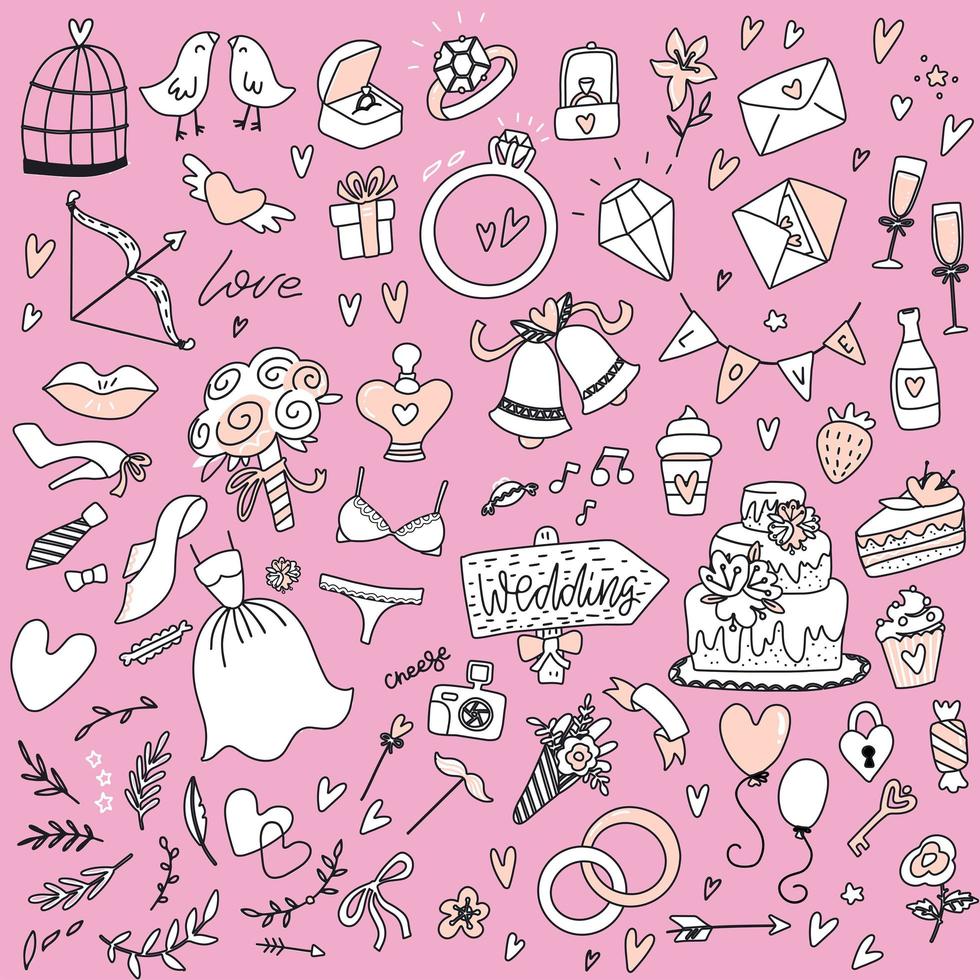 Outlined hand drawn Doodle set of objects on the wedding theme. Wedding symbols collection acquaintance, engagement, fees of the bride, wedding celebration. Flat icons for your wedding design vector
