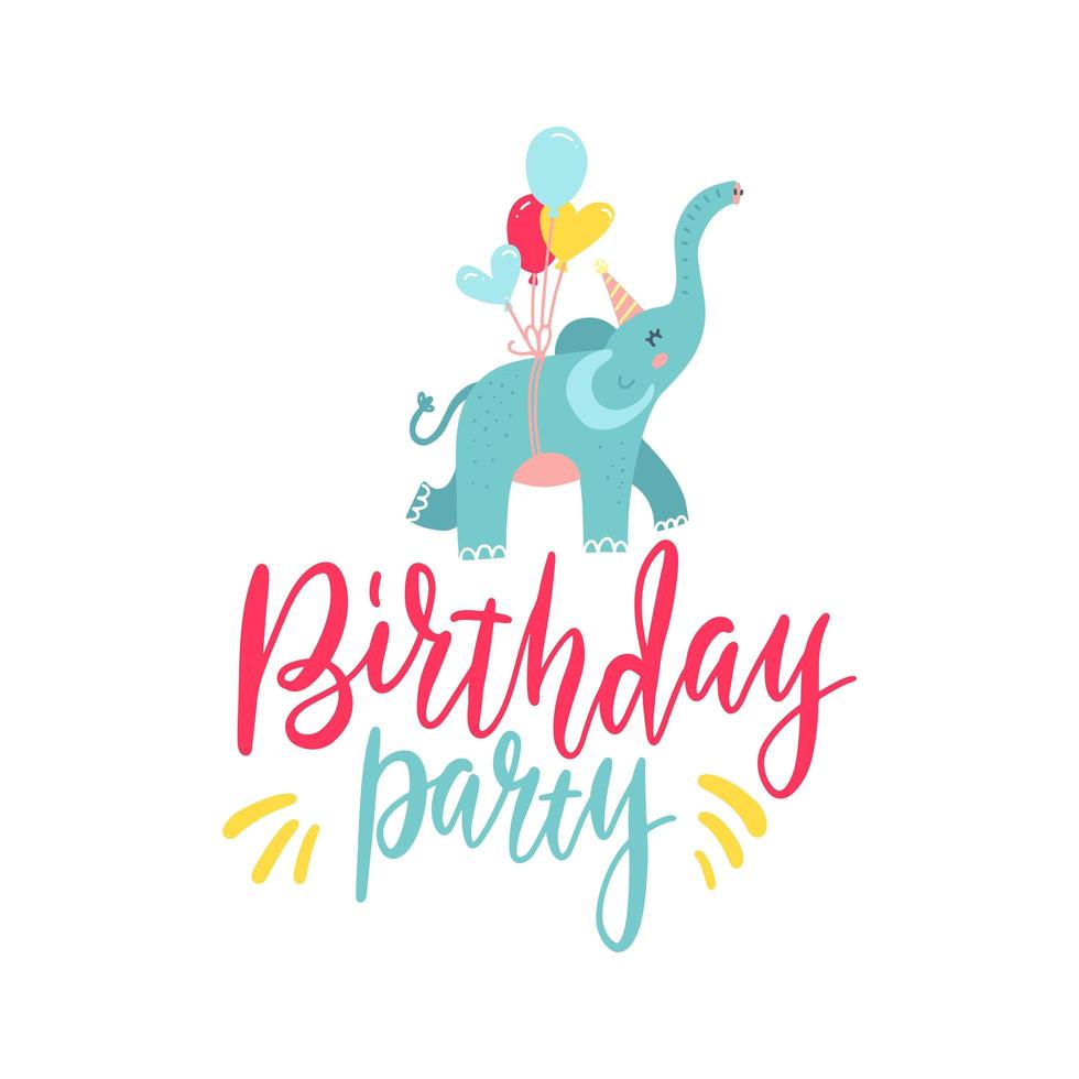 lindo elefante dibujado a mano volando en globos aislados sobre fondo blanco. elemento de diseño de fiesta de cumpleaños de texto de letras para tarjetas de felicitación de baby shower, impresión de camiseta y etc. ilustración vectorial. vector