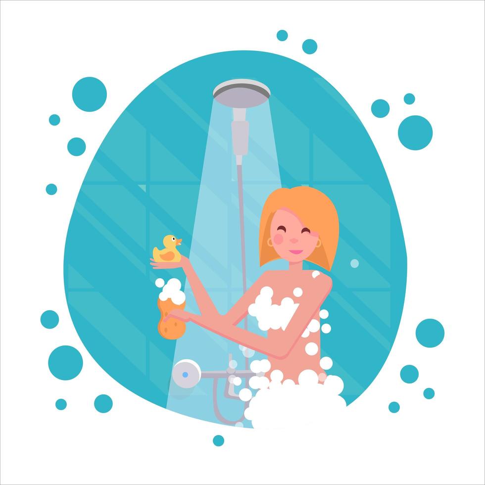 Blond Woman Washing Herself With Sponge In Shower. Female character In The Bathroom Doing Their Routine Hygiene Procedures Series with rubber duck. Flat cartoon vector illustration.