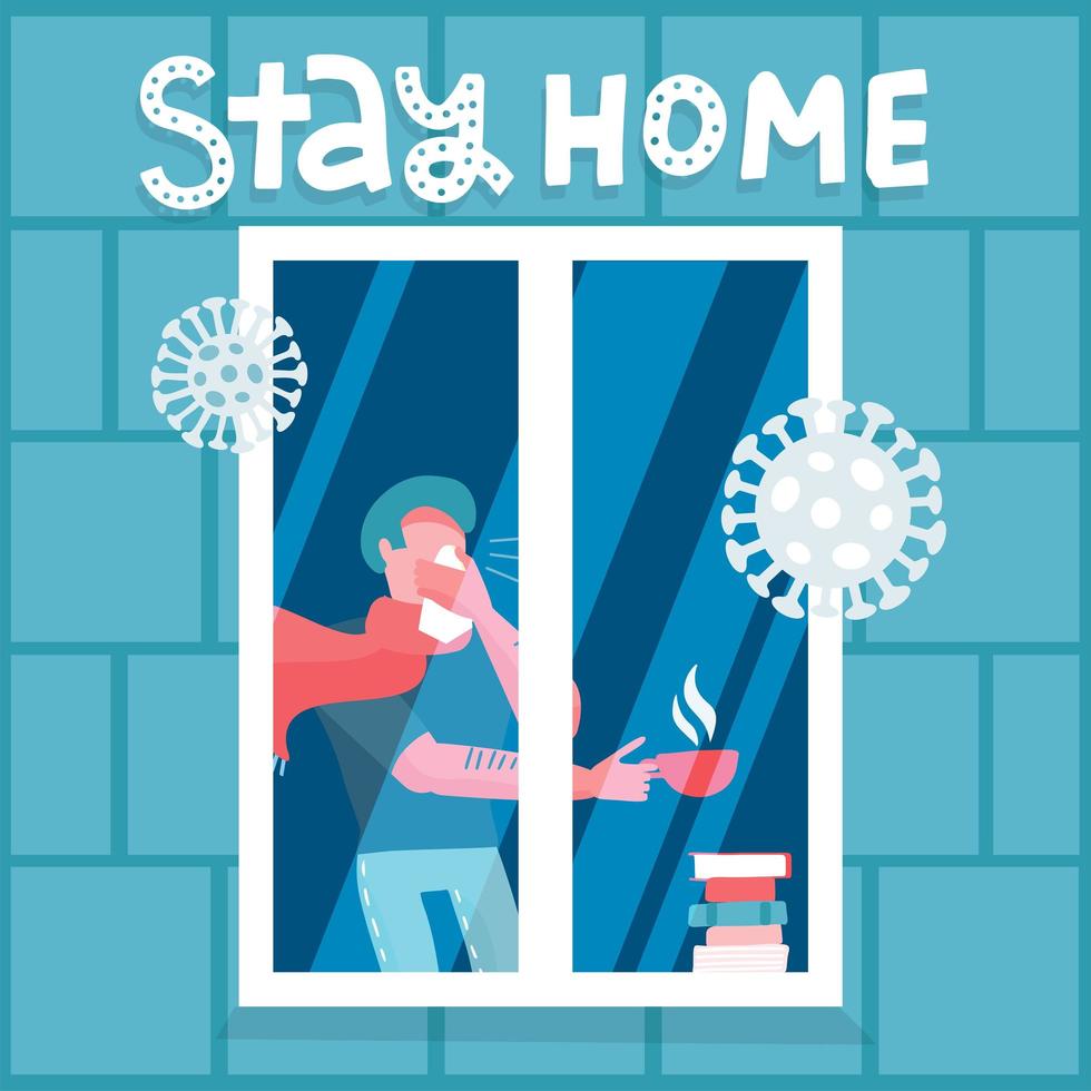 2019-ncov quarantine. Sick Man drinking tea near the window. Outside view. Lockdown at home. Remote work concept. Stay at home. Coronavirus panic. Isolated person vector flat illustration.