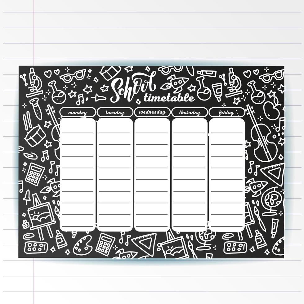 School timetable template on chalk board with hand written chalk text and Adventure sea symbols. Weekly lessons shedule in sketchy style decorated with hand drawn school doodles on blackbord. vector