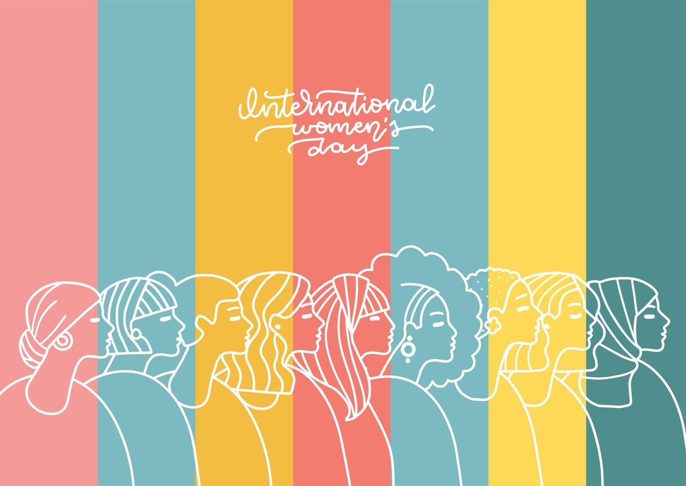 International Womens Day greeting card. Linear womens portrait collection. Women different nationalities in a row in rainbow background. Feminism concept. Girl power line art. Vector illustration.