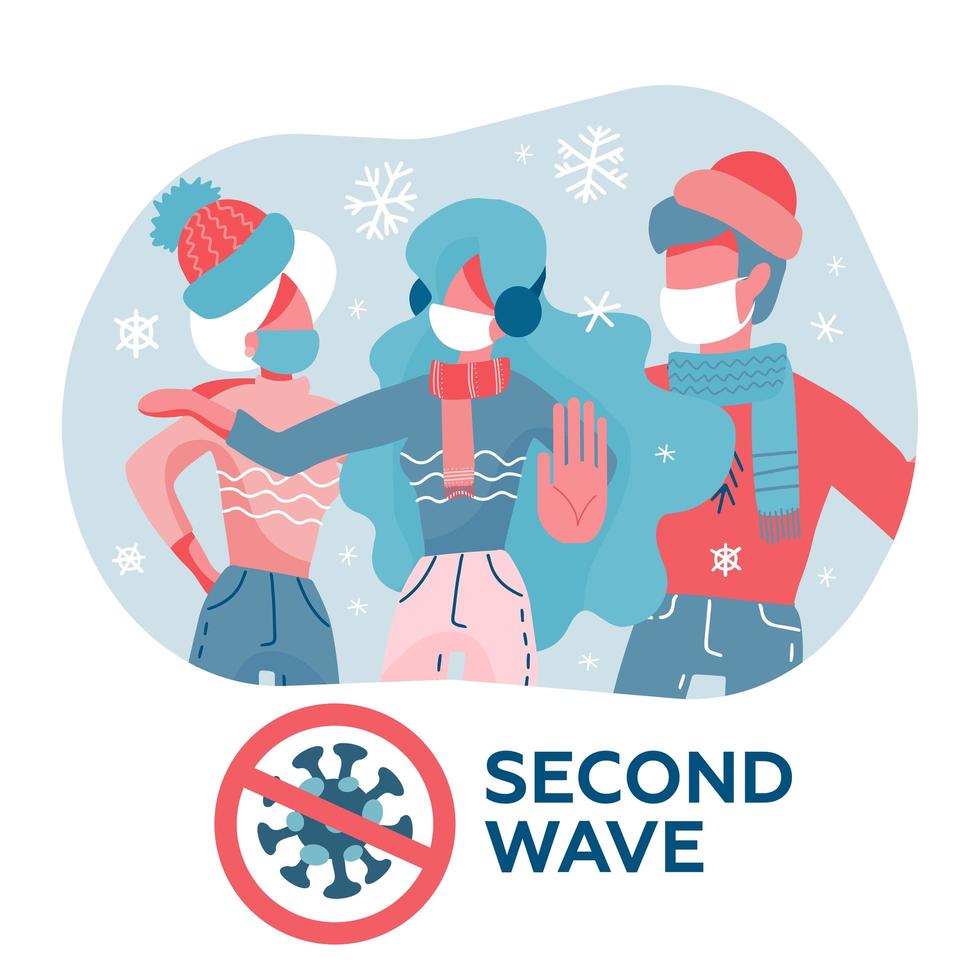 People in masks and warm clothes. Coronavirus Covid-19 pandemic concept, second wave of quarantine. Vector illustration in cartoon flat style