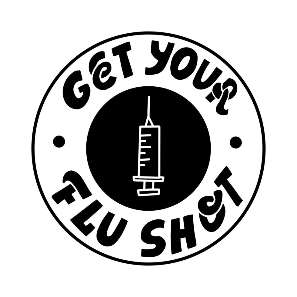 vacuna contra la gripe, consiga su - sello de goma del grunge del garabato en blanco, ilustración del vector