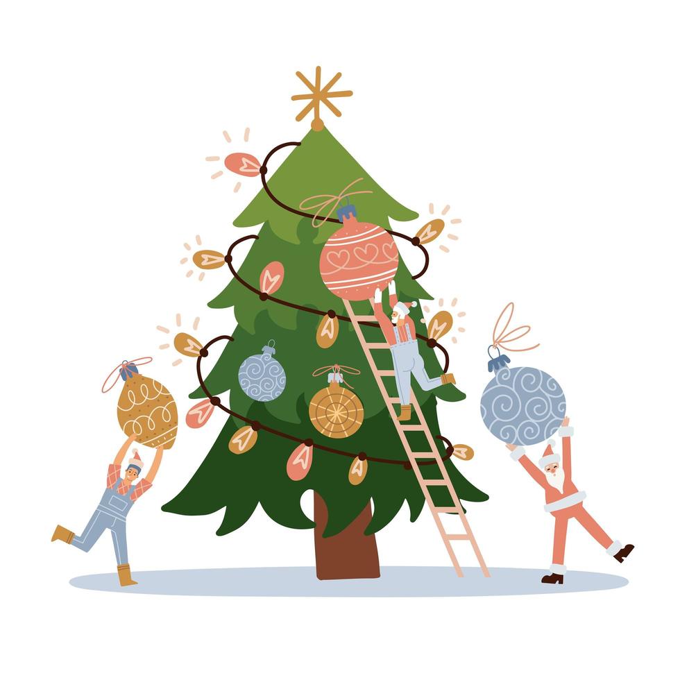 Small Characters Decorate Christmas tree. Tiny people decorating Xmas fir tree for celebrating New Year Eve, holding baubles and balls. Decoration for holiday celebration. Flat vector illustration.