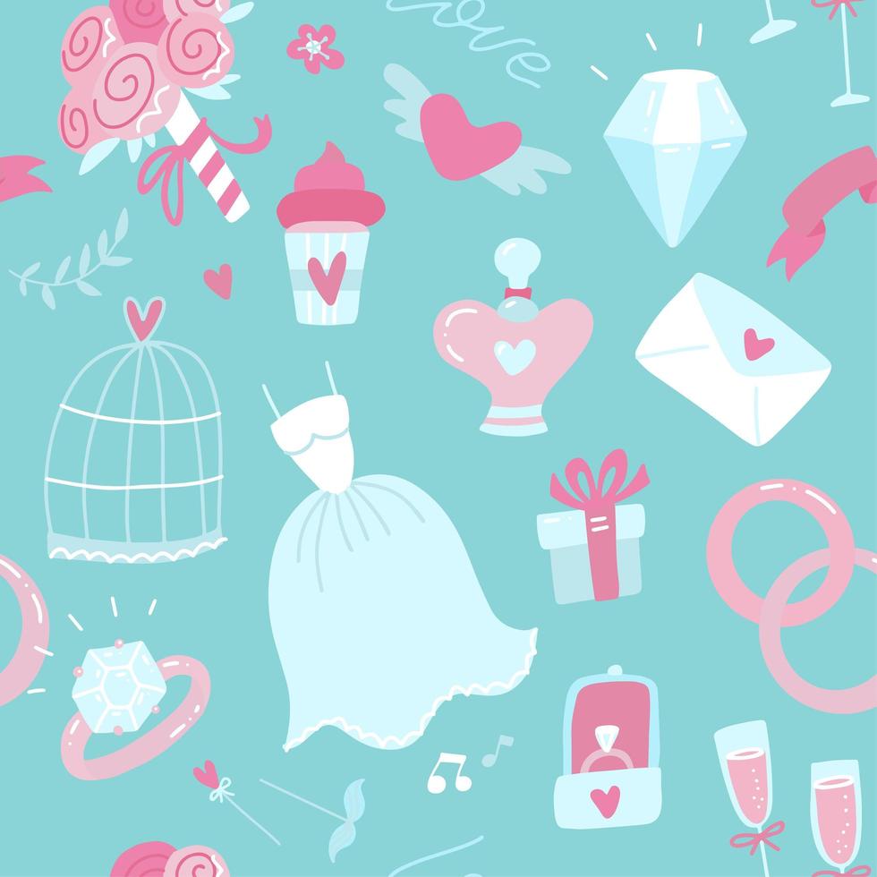 Wedding seamless pattern on a pretty turquoise blue background with a bridal gown, veil, gift, cake, bouquet with love letter, rings, bells and champagne for wrapping paper or card vector