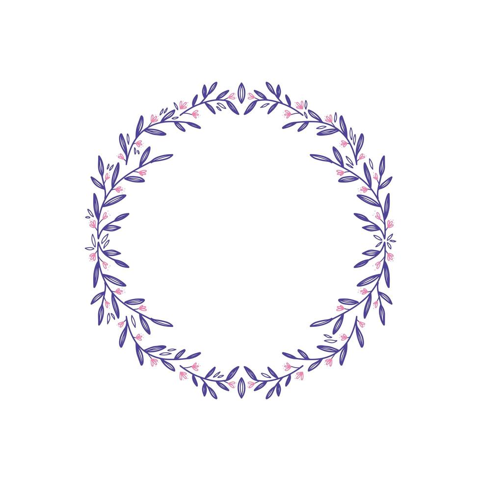 corona decorativa de flores de color lavanda aislada en fondo blanco, marco redondo dibujado a mano garabato vector boceto línea de hierbas diseño gráfico de arte para tarjeta de felicitación, invitación, diseño de boda