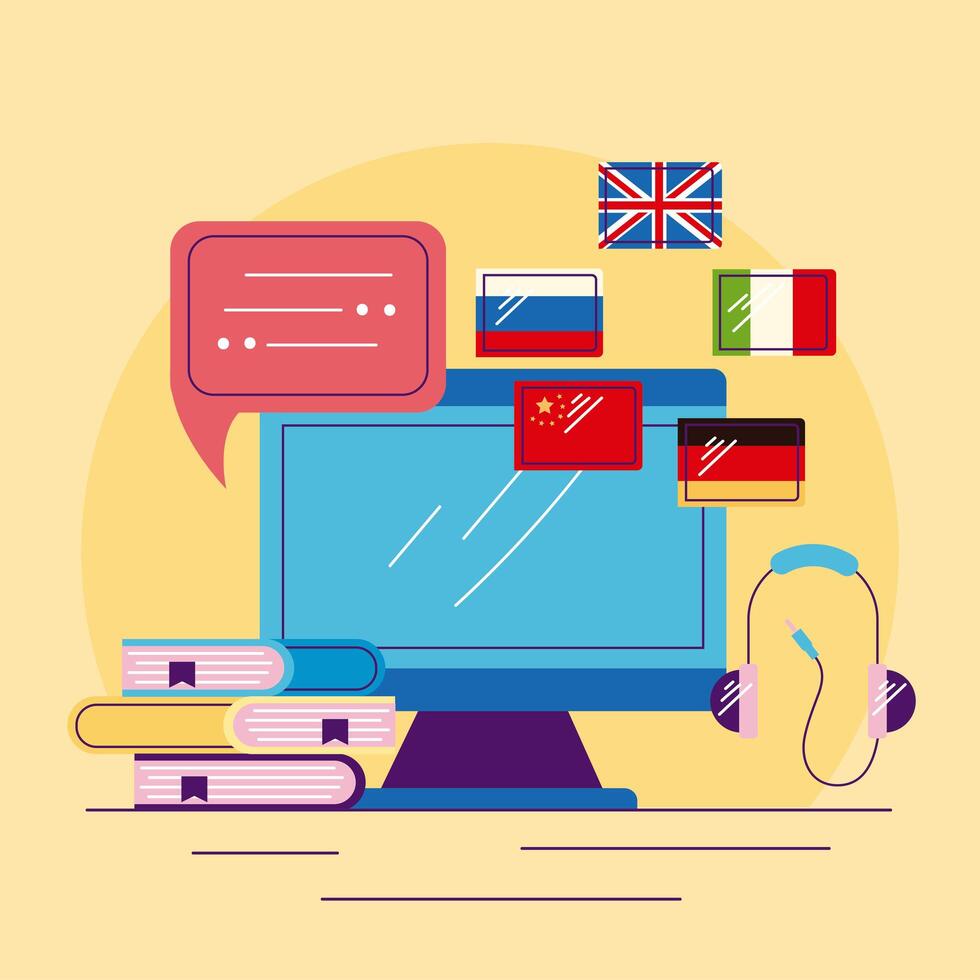 desktop with online lenguage learning vector