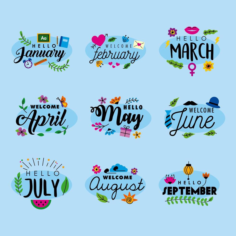 nine hello month letterings vector