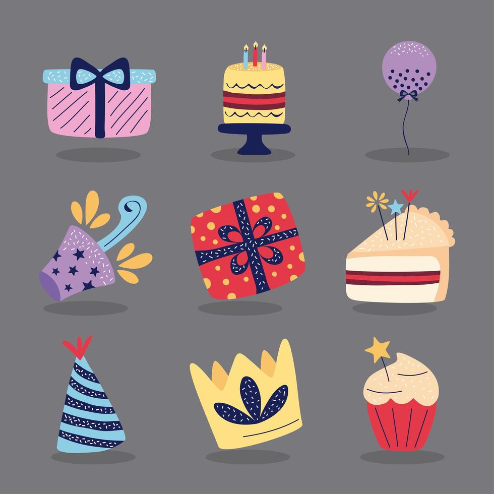 nueve iconos de feliz cumpleaños vector