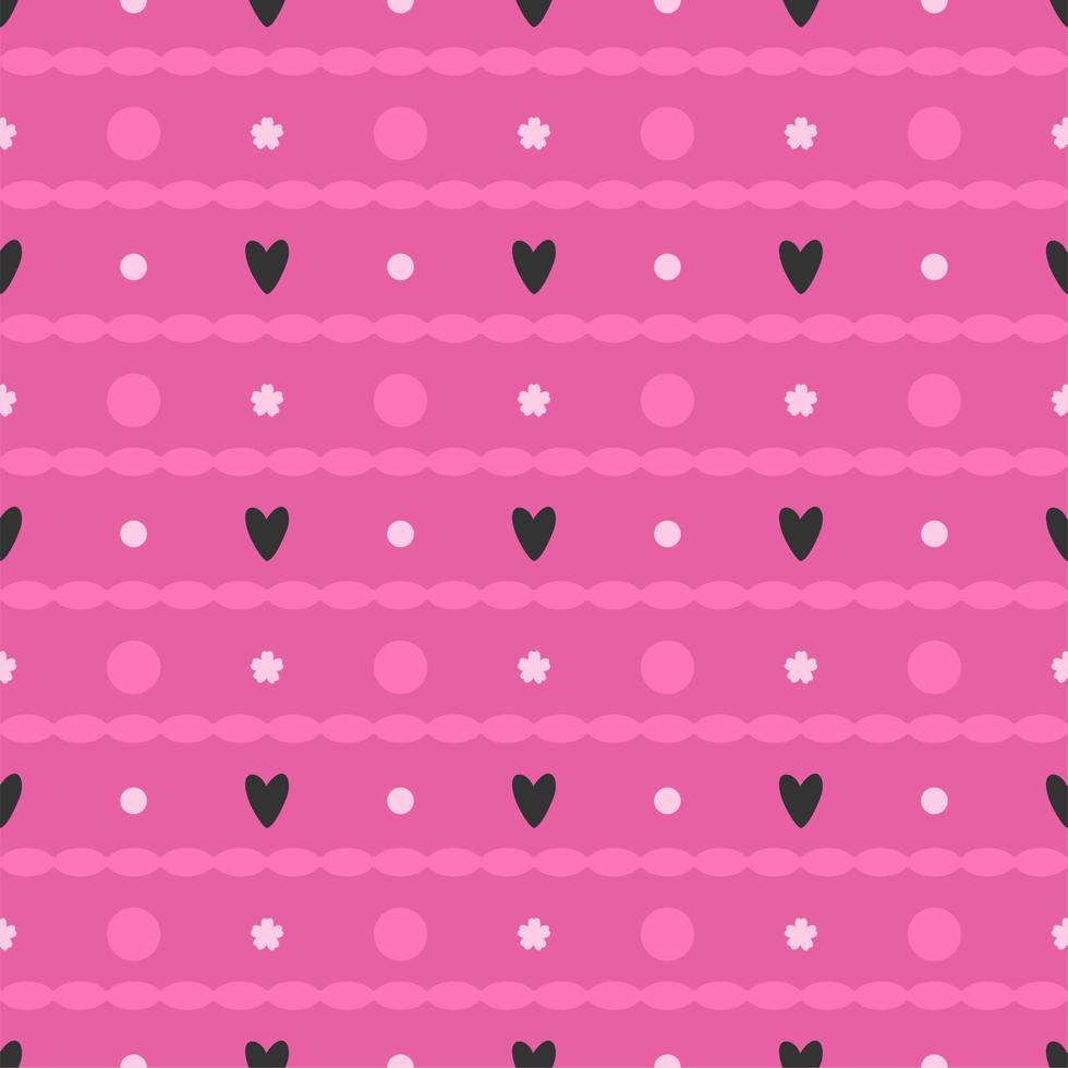 vector patrón abstracto sin costuras con corazones, flores y puntos sobre fondo rosa.