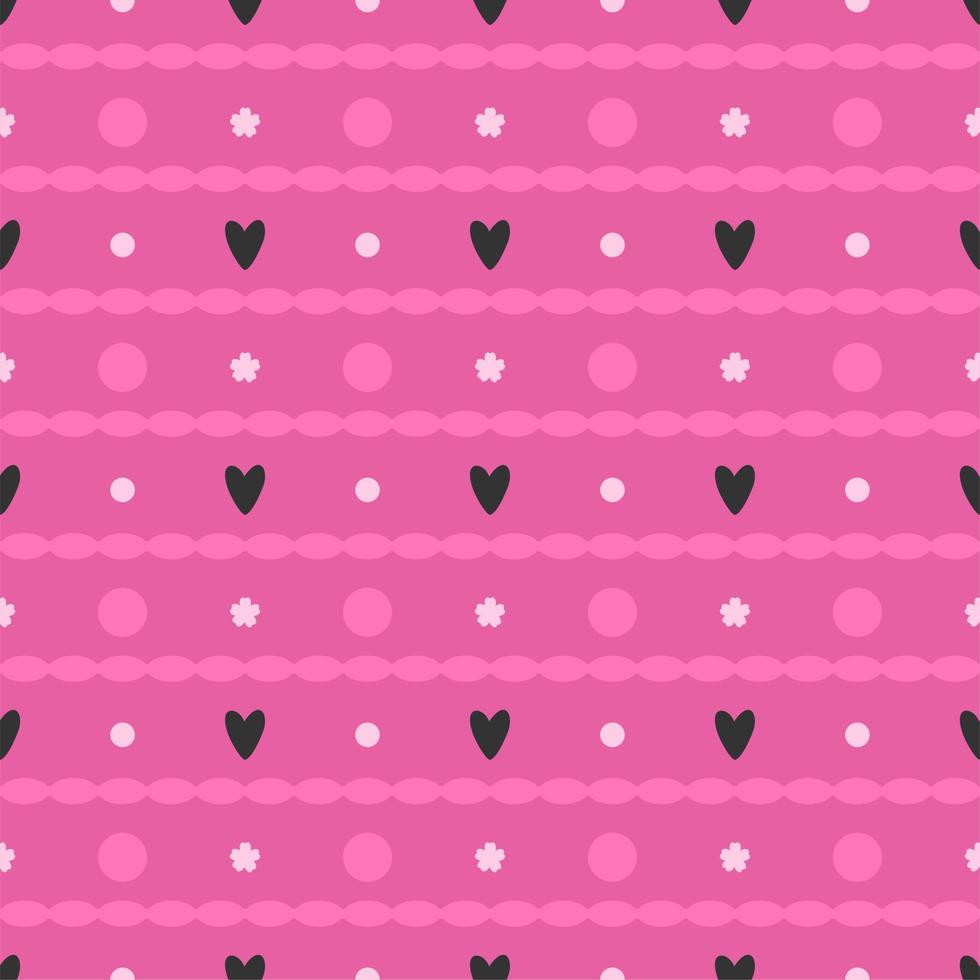 Vector seamless abstract pattern with hearts, flowers and dots on pink background.