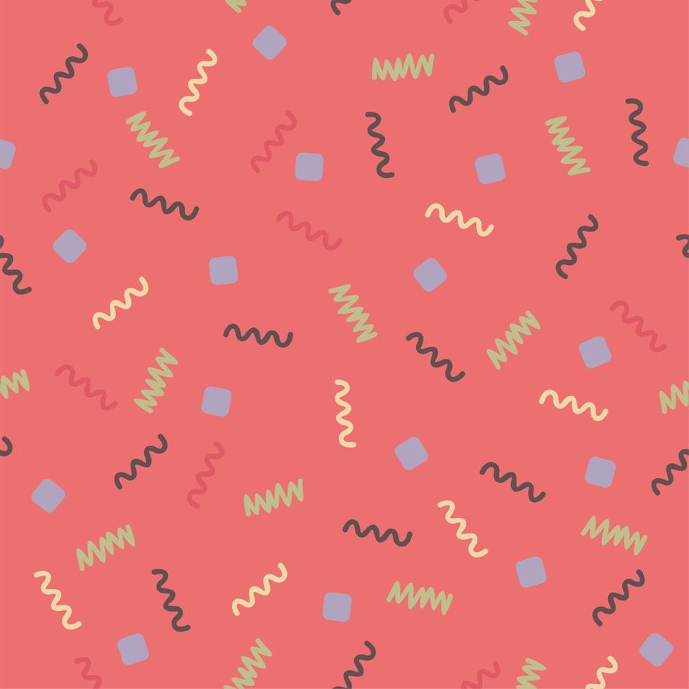 Vector seamless pattern with spiral lines and cubes on pink background.