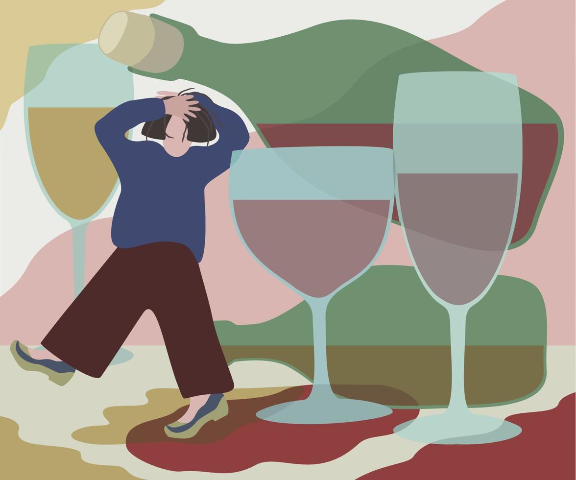 Alcoholism concept. Person between wine bottles and glasses vector