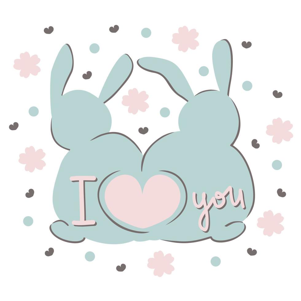 I love you. Happy Valentine's Day. Two rabbits sitting together tail to tail. vector