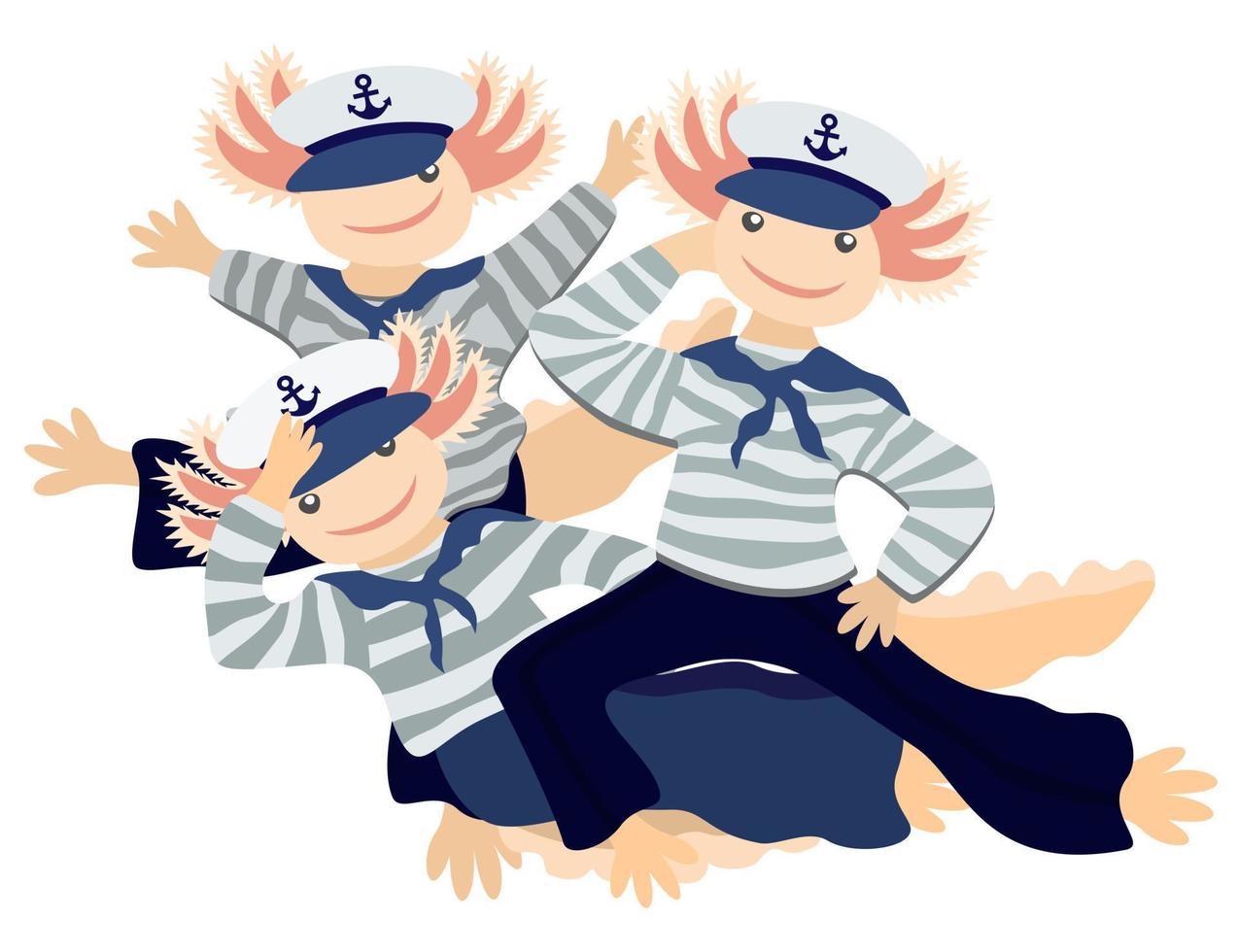 Vector isolated illustration of three axolotls in the clothes of sailors.