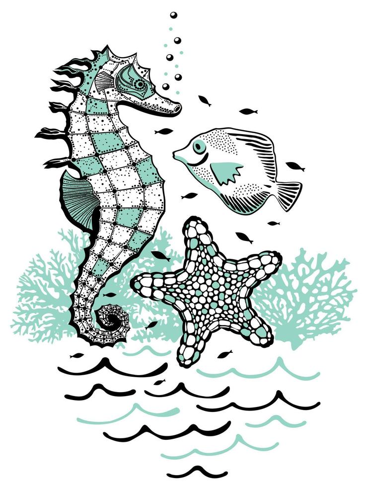 Vector isolated illustration of sea horse, starfish, fishes, corals and waves.