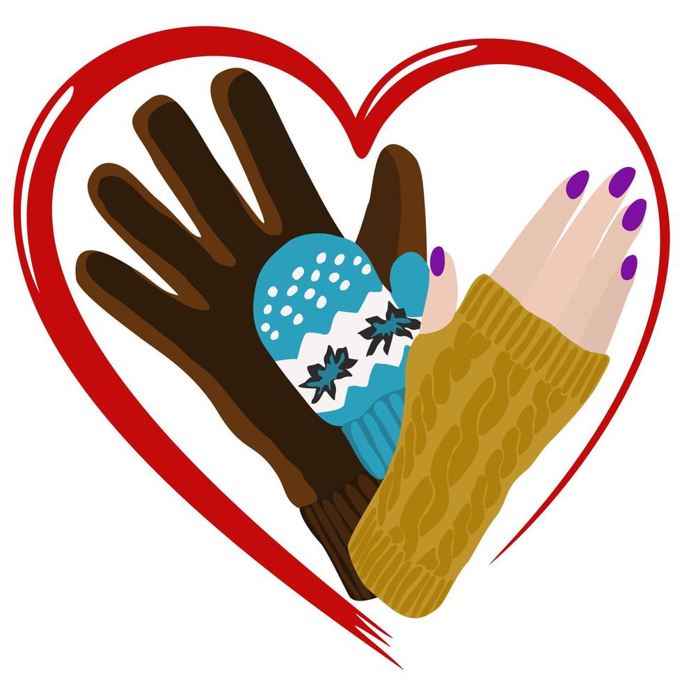 Man's glove, woman's and child's mittens in a heart. vector