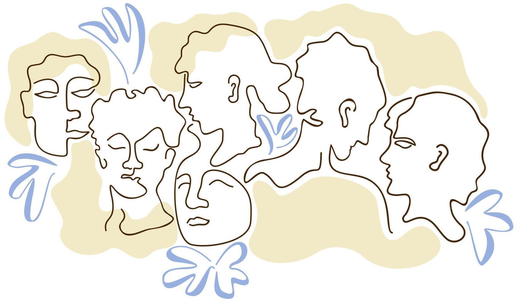 caras de mujeres en estilo de arte lineal con manchas beige y flores azules. vector