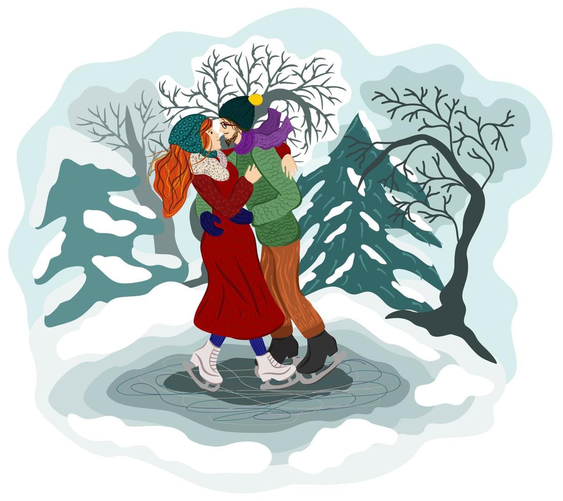 patinaje artístico pareja joven en el bosque de invierno. concepto de citas de invierno. Pista de hielo. vector