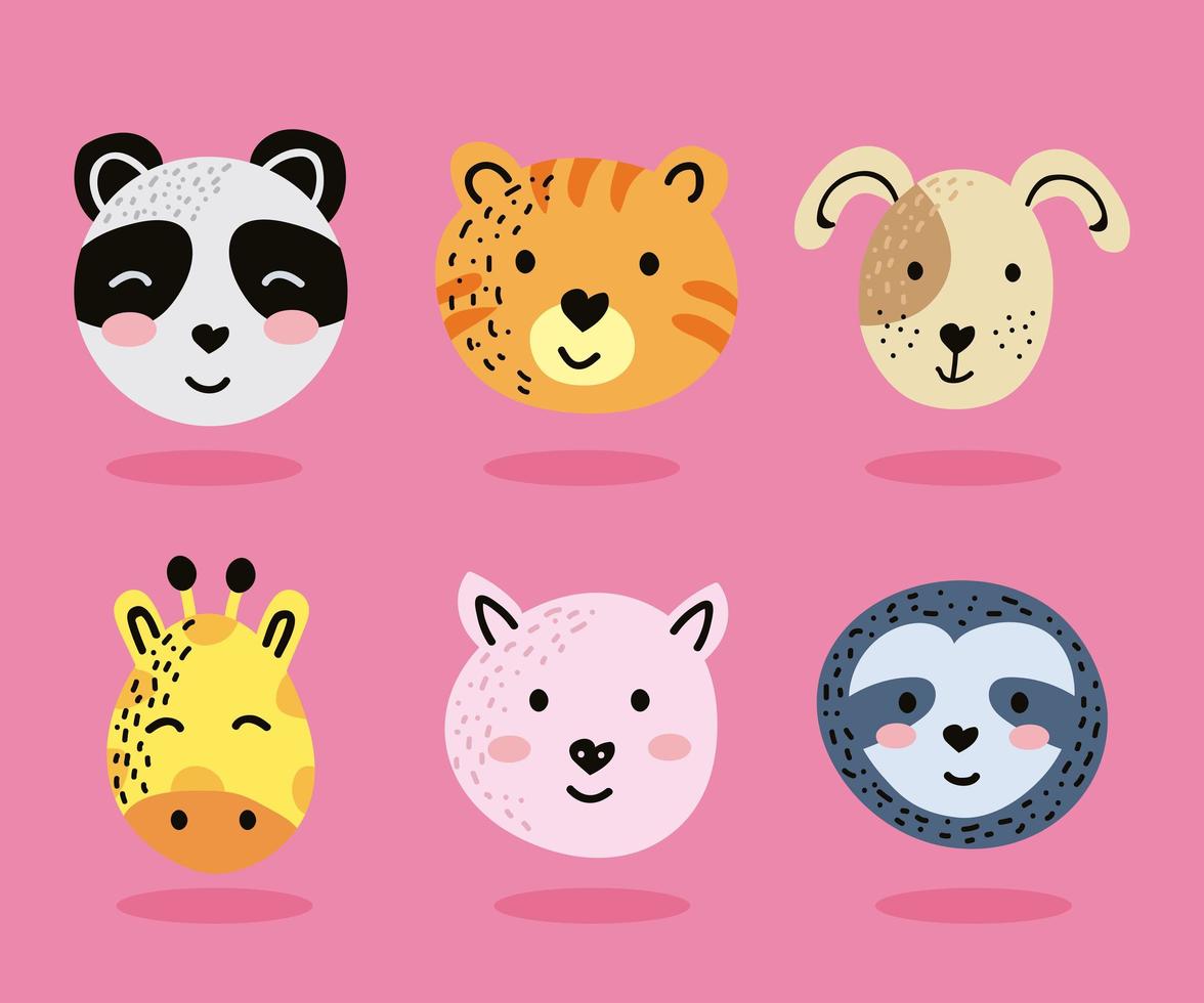 six cute animals heads vector