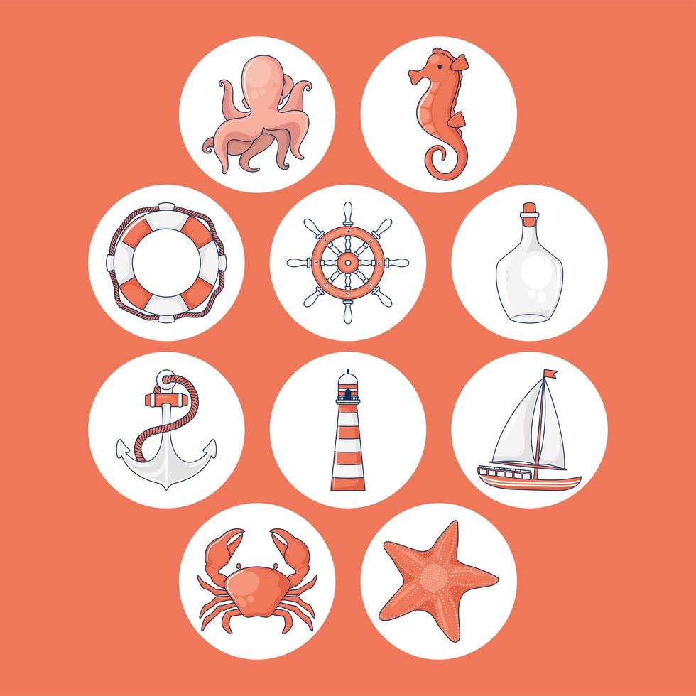 ten nautical marine icons vector