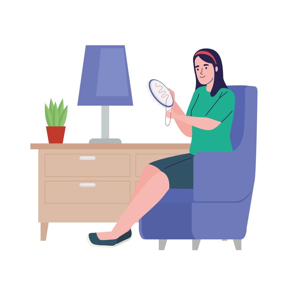 woman sitting embroidering vector