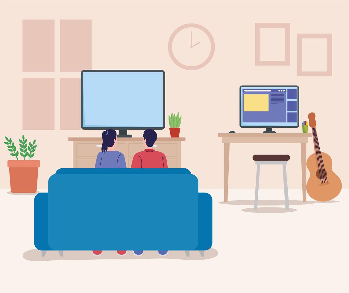 couple watching tv in living room vector