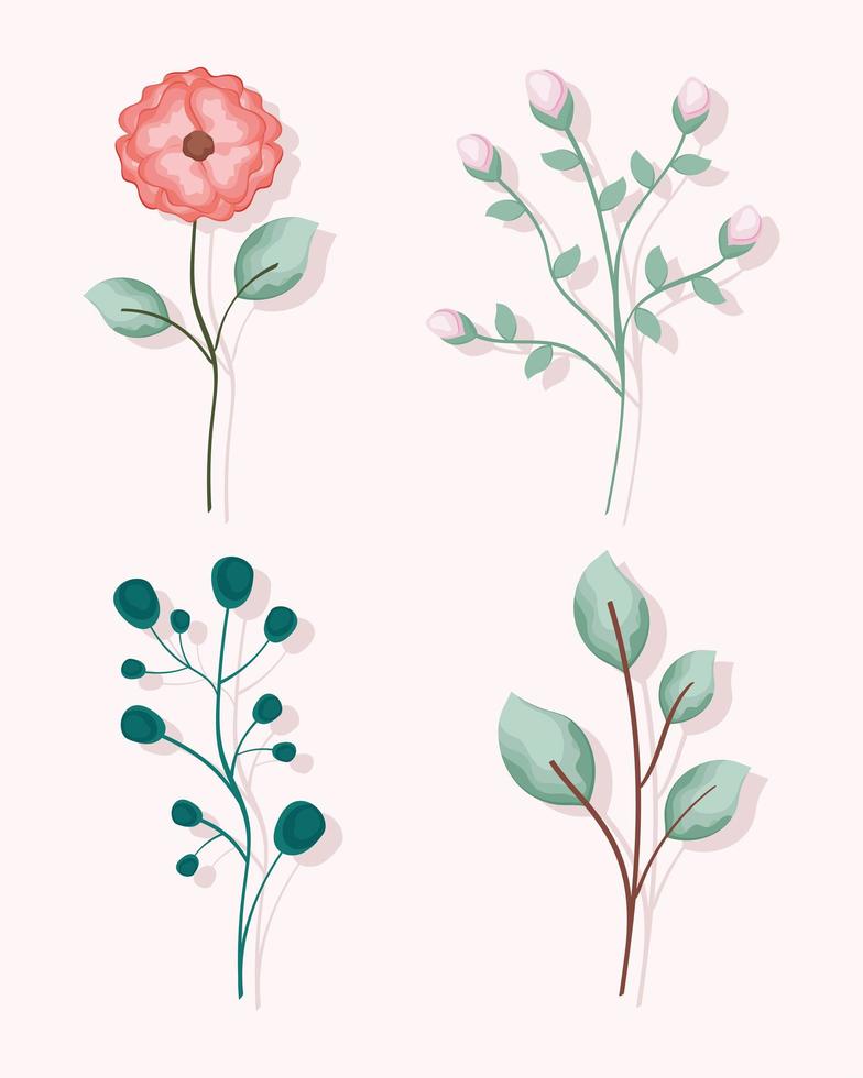 cuatro iconos de decoración floral vector