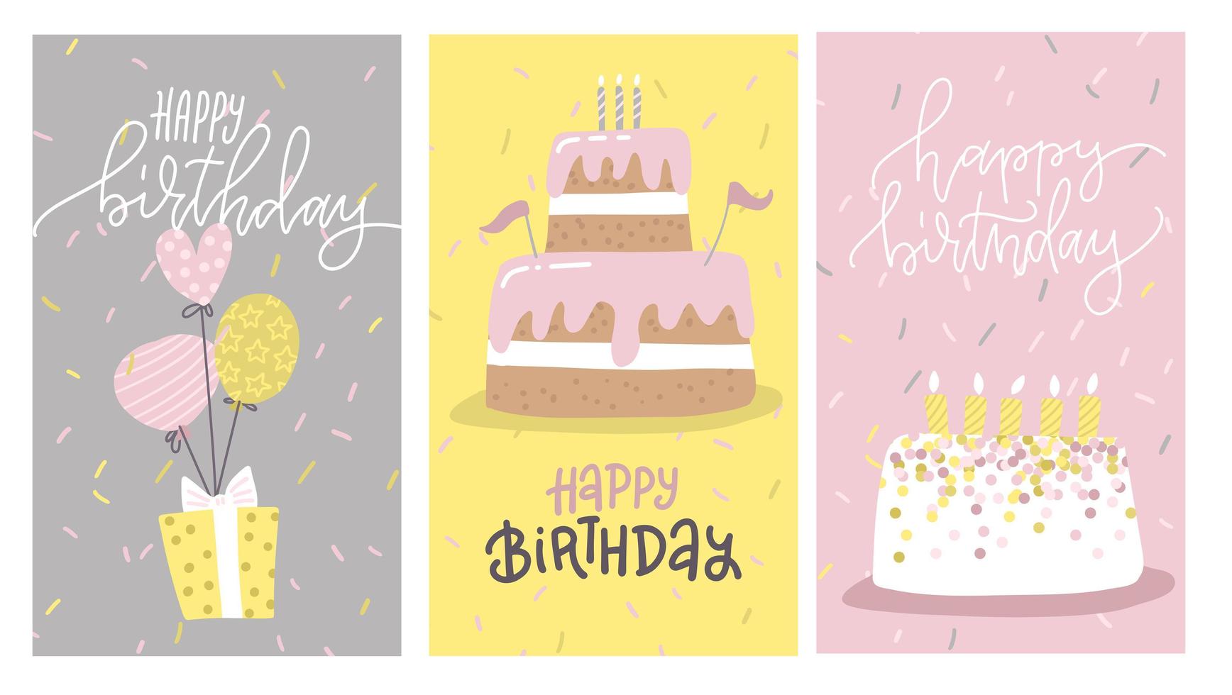 Happy birthday greeting card or party invitation set. Tasty cakes and giftbox on ballons. Flat cartoon vector illustration in hand drawn style. Pink and yellow pastel colors.