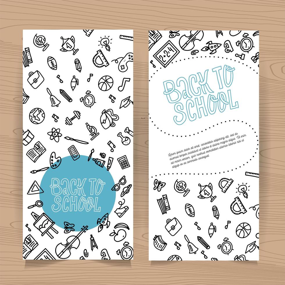 Back to school vertical flyer template with different school objects. School sale banners set with black line doodle supplies and stationery. Sketches for education poster design vector