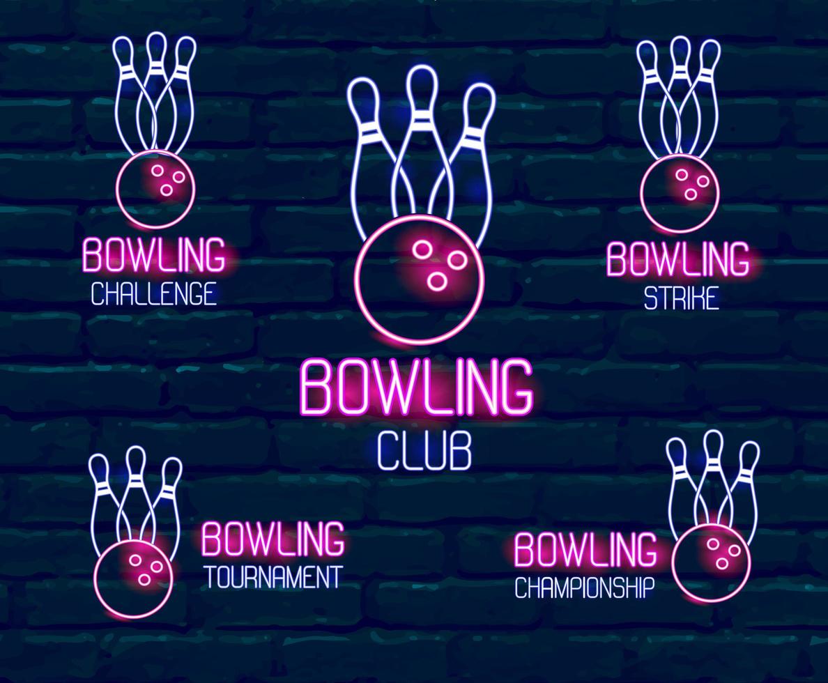 Set of neon logos in pink-blue colors with skittles, bowling ball Collection of 5 vector signs for winter bowling tournament, challenge, championship, strike, club against dark blue brick wall