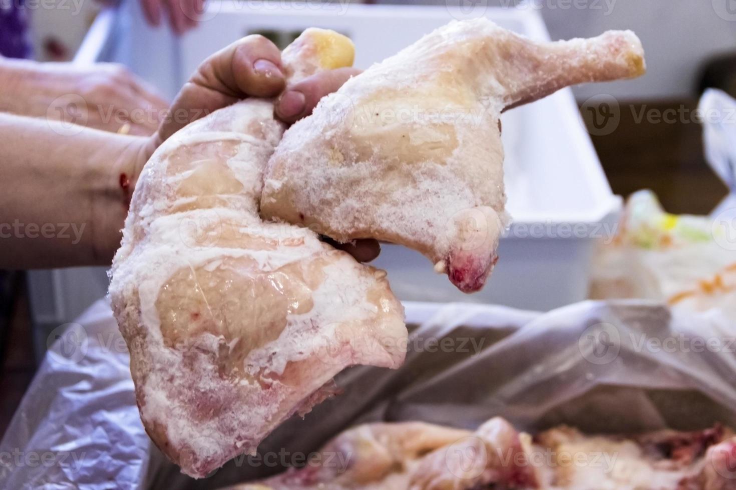 Frozen raw chicken, background macro view from above photo