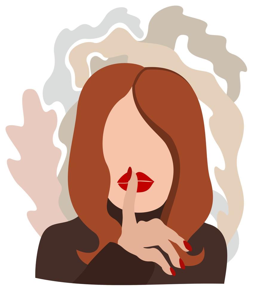 Vector isolated illustration of woman with finger near her lips.