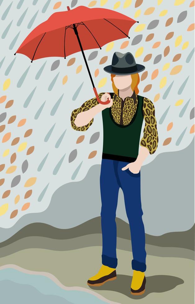 Vector illustration of young attractive man with umbrella