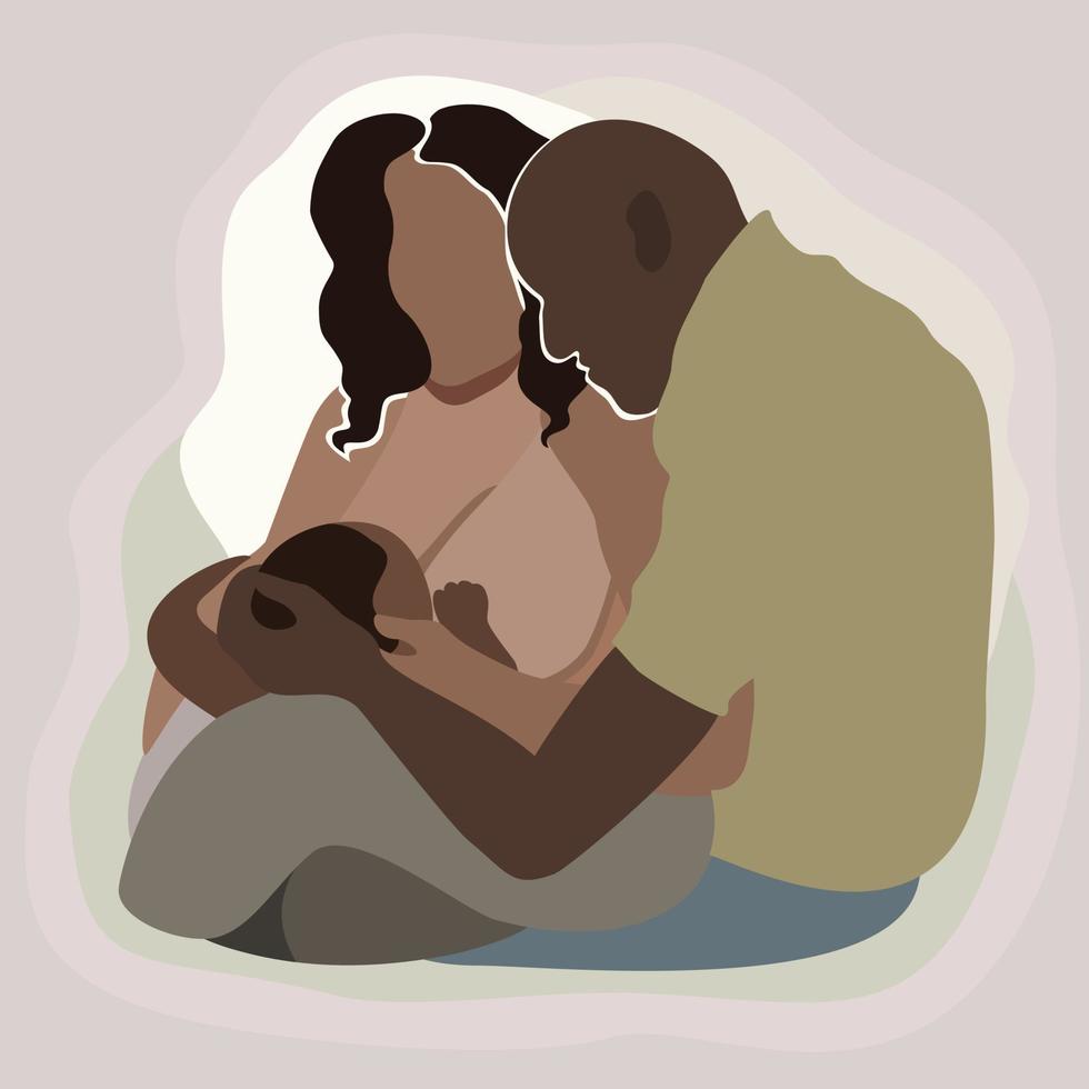 Breastfeeding. Couple with child. Mother feeds her baby, father is near them. vector