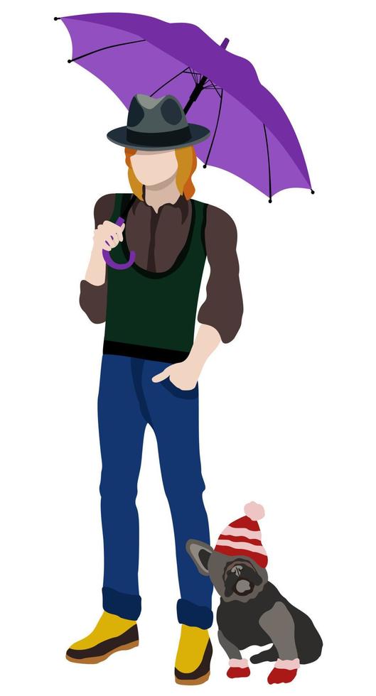 Young man with umbrella and dog. vector