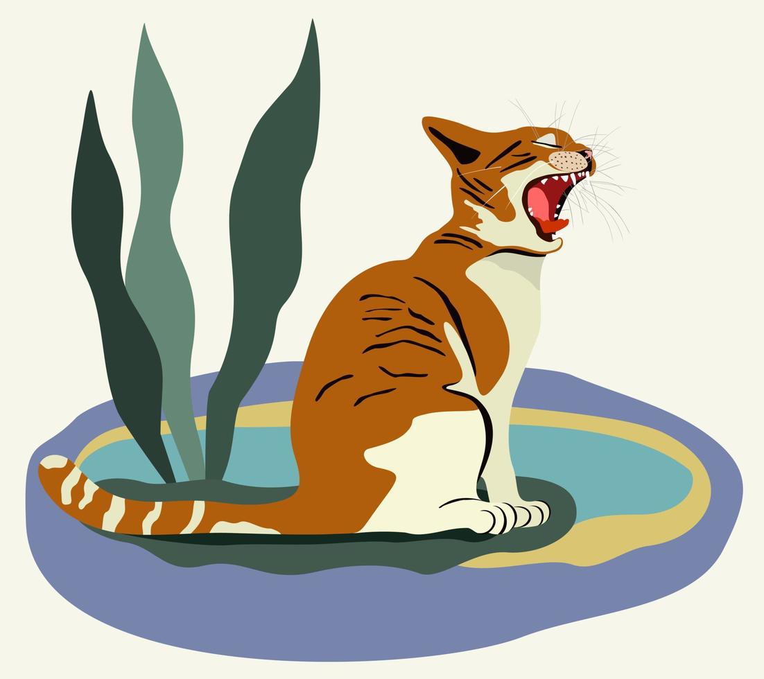 gato rojo con la boca abierta sentado cerca de la piscina. ilustración vectorial vector