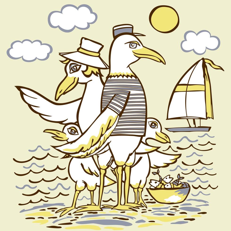 Seagull family. Vector sketch with brown outline on light yellow background.