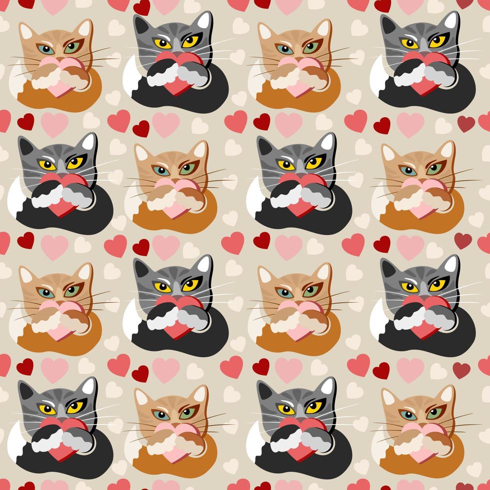 Vector seamless pattern with cats and hearts.