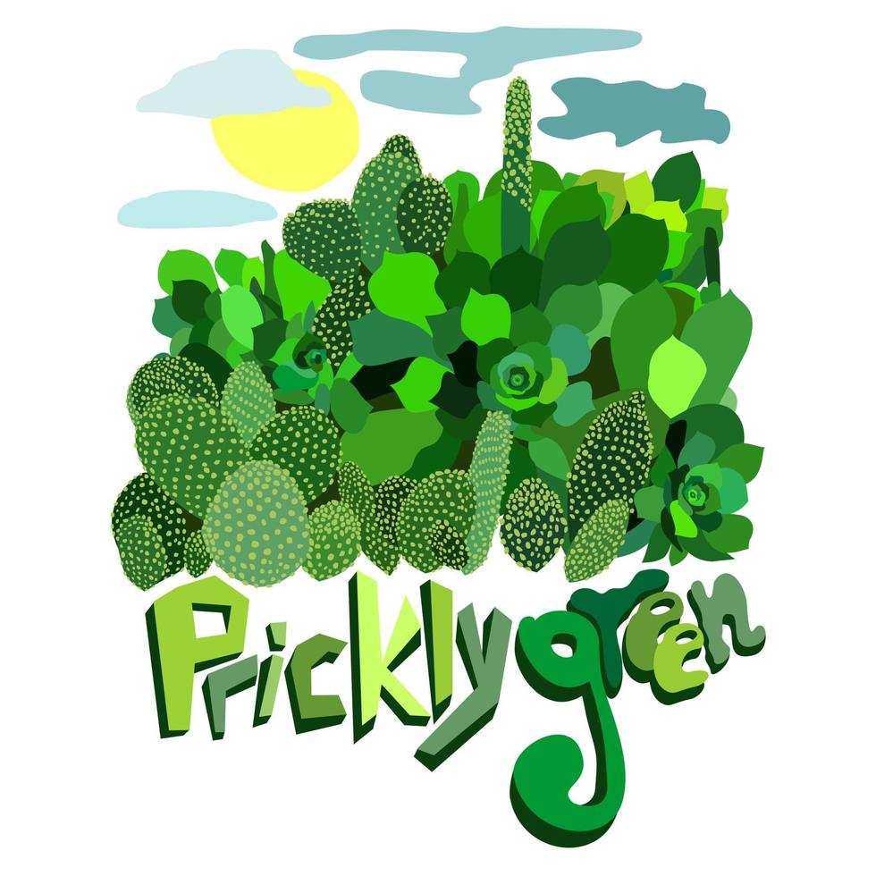 Different cactuses with lettering prickly green. vector