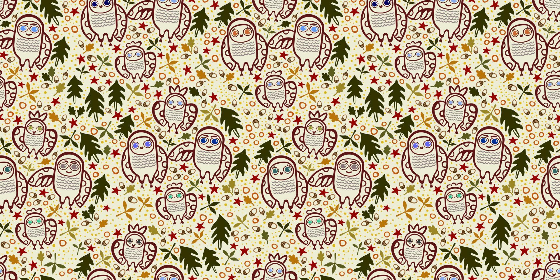 Autumn forest. Doodle illustration with owls. Seamless vector pattern on pastel yellow background.
