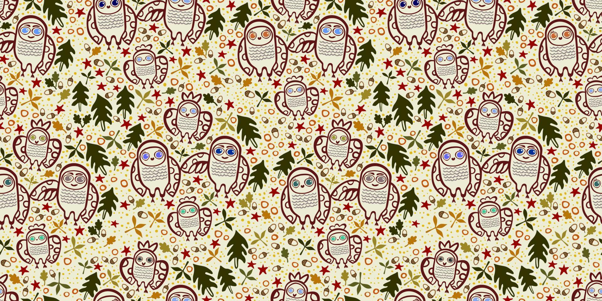 Autumn forest. Doodle illustration with owls. Seamless vector pattern on pastel yellow background.